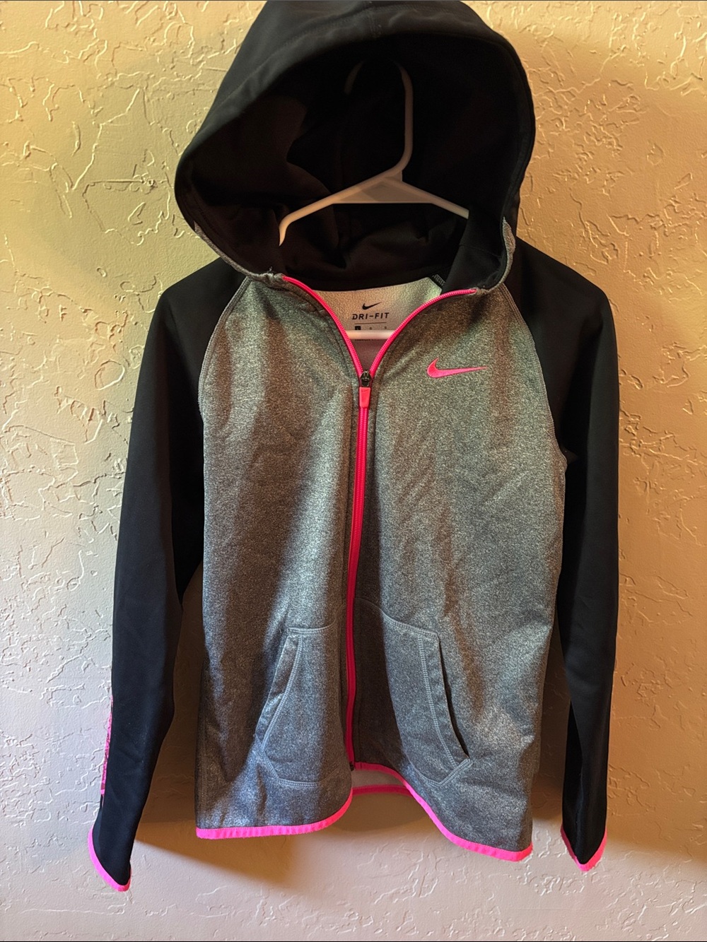 Nike Kids Gray & Black Hooded Puffer Jacket with Pink Trim